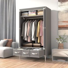 Portable Wardrobe Closet with Rolling Curtain Door Hanging Rod and 3 Drawer Boxes Non Woven Fabric Storage Organizer Tool Free Assembly 35.4 x 17