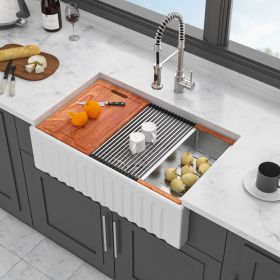 Farmhouse Sink Workstation - Porcelain Ceramic Single Bowl Apron Front Kitchen Sink (Color: White  +  Ceramic)