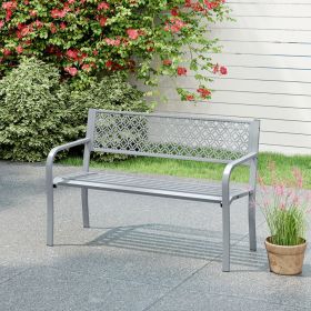 50 Inches Outdoor Garden Bench with Geometric Lattice Backrest and Slatted Seat (Color: Gray)